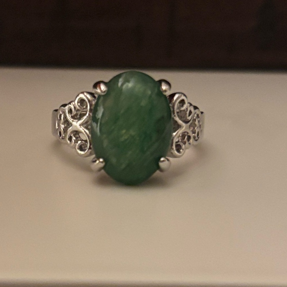 Silver Filigree Ring with Green Oval Stone